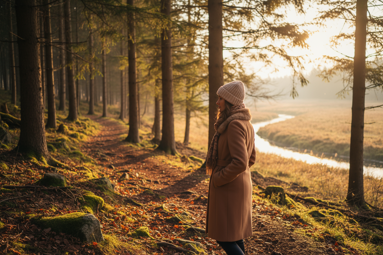 maak er iets van van de natuur ofz, een vrouw die een winterjas draagt en ergens buiten in de natuur loopt